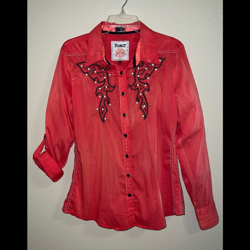 Roar Button Down Western Style Shirt, Size XL, Color Coral L/S or 3/4 sleeve